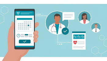 Hand holding smartphone with doctor appointment and health record icons representing an online medicine application.