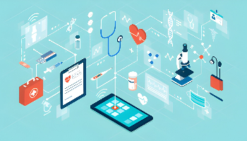 Illustration of digital healthcare with tablet and connected medical icons representing the best online medicine app in India.